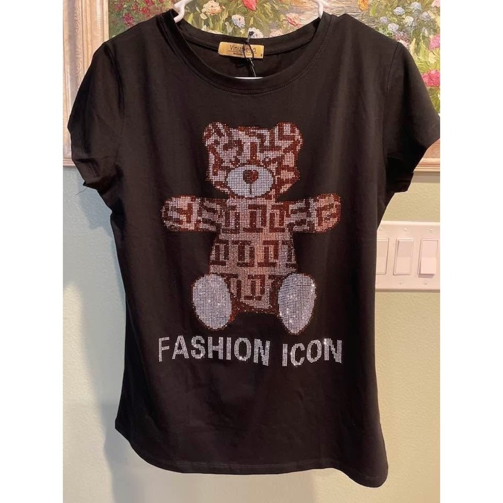 VInizbena Rhinestones Black Bear Size M Medium T-Shirt New